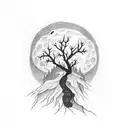 tree + 2 wolfes + darkness + dead flowers + full moon tattoo design idea
