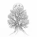 tree + 2 wolfes + darkness + dead flowers + full moon tattoo design idea
