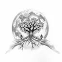 tree + 2 wolfes + darkness + dead flowers + full moon tattoo design idea