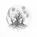 tree + 2 wolfes + darkness + dead flowers + full moon tattoo design idea