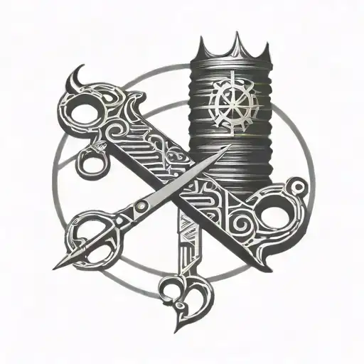big tyre, six pointed crown, hairdressing scissors  tattoo design idea