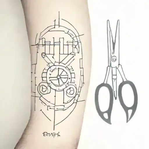 dozer Tyre, six pointed crown, hairdressing scissors  tattoo design idea
