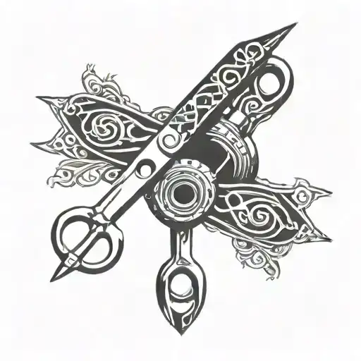 big tire, six pointed crown, hairdressing scissors  tattoo design idea