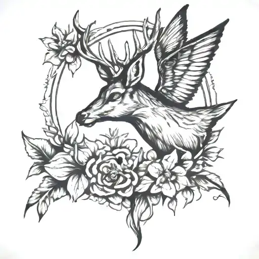 white tail deer with hummingbird perched tattoo design idea