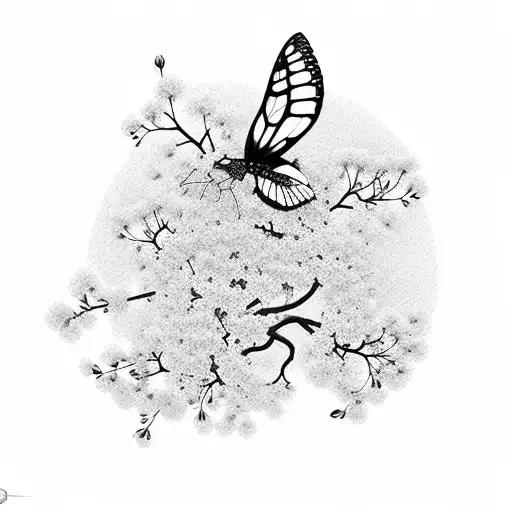 delicate trail of cherry blossom, hawthorn and poppy gracefully winding along the spine. on one folwer is as butterfly tattoo design idea