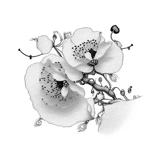 delicate trail of cherry blossom, hawthorn and poppy gracefully winding along the spine. on one folwer is as butterfly tattoo design idea