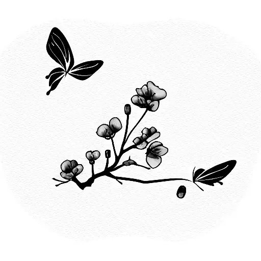 delicate trail of cherry blossom, hawthorn and poppy gracefully winding along the spine. on one folwer is as butterfly tattoo design idea