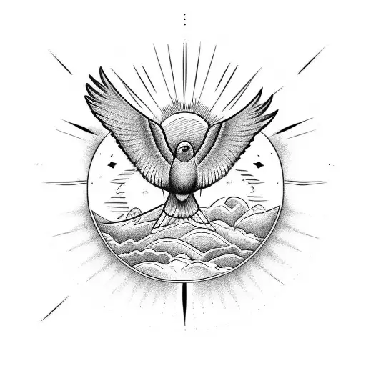 A family of birds flying towards a shining sun over a mountain range tattoo design idea