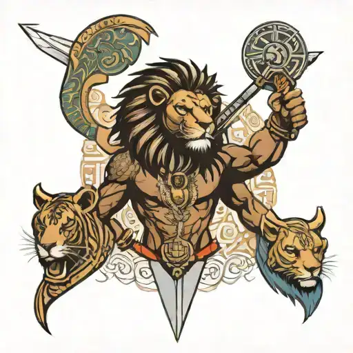 african warrior sword lion elephant surrounded tattoo design idea