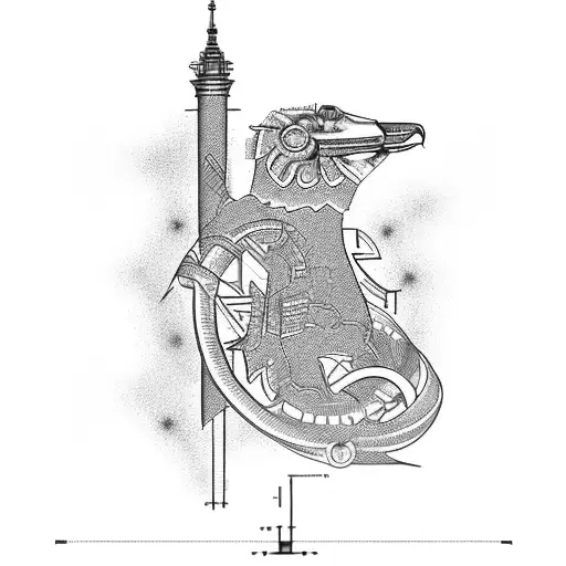 An engineer's blueprint-inspired tattoo of their favorite historical building, adorned with animals representing their favorite sports teams tattoo design idea