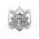 An engineer's blueprint-inspired tattoo of their favorite historical building, adorned with animals representing their favorite sports teams tattoo design idea