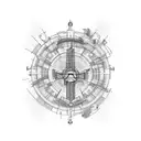 An engineer's blueprint-inspired tattoo of their favorite historical building, adorned with animals representing their favorite sports teams tattoo design idea