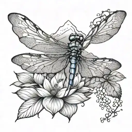 dragonfly over lotus with mountain in the background tattoo design idea
