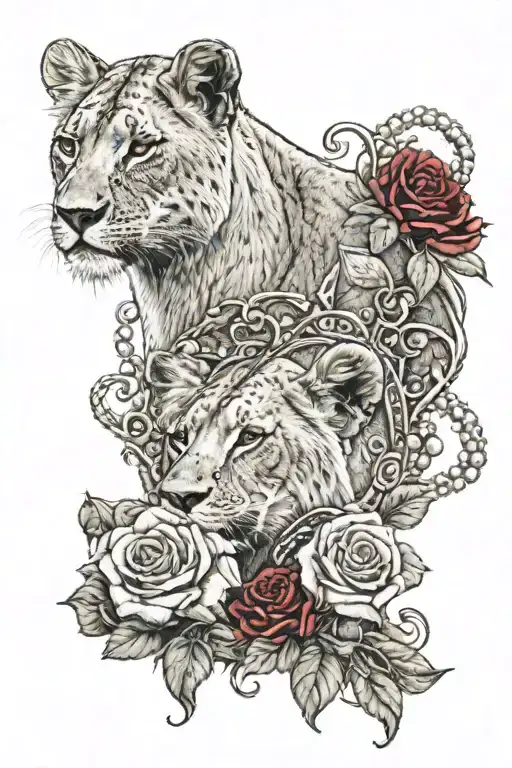 side view of lioness over two cubs, ornate vintage frame with a string of pearls and red roses tattoo design idea