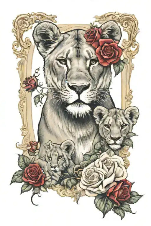lioness and two cubs, ornate vintage frame, string of pearls, red roses tattoo design idea