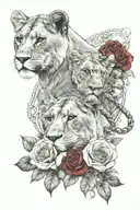 side view of lioness over two cubs, ornate vintage frame with a string of pearls and red roses tattoo design idea
