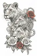 side view of lioness over two cubs, ornate vintage frame with a string of pearls and red roses tattoo design idea