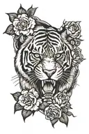 sabertooth tiger with flowers around it tattoo design idea