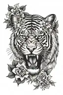 sabertooth tiger with flowers around it tattoo design idea