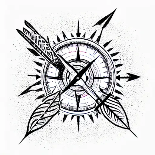 an arrow with feathers passes through a compass indicating life tattoo design idea
