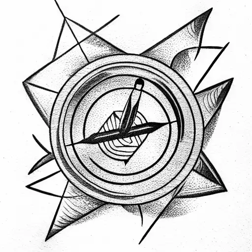 an arrow with feathers passes through a compass  tattoo design idea