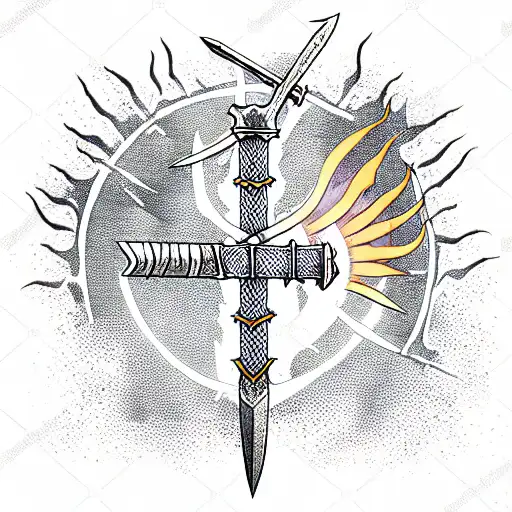 sword in campfire made by bones, with dark sun in top dark souls style tattoo design idea