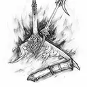 sword in campfire made by bones, with dark sun in top dark souls style tattoo design idea
