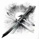 sword in campfire made by bones, with dark sun in top dark souls style tattoo design idea