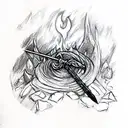 sword in campfire made by bones, with dark sun in top dark souls style tattoo design idea