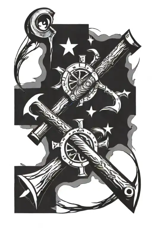 crossed axes with cannon shooting tattoo design idea