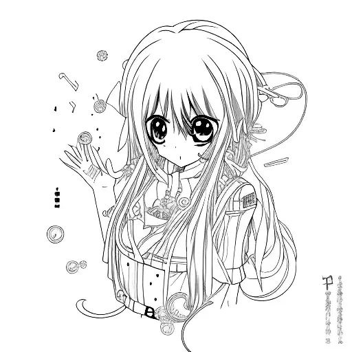 An anime character surrounded by chameleon color patterns in a minimalist style tattoo design idea