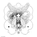 An anime character surrounded by chameleon color patterns in a minimalist style tattoo design idea