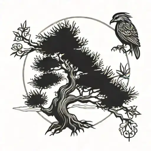 lebanese cedar tree with a nuraghe behind adn phoenix bird tattoo design idea