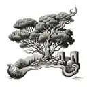 lebanese cedar tree with a nuraghe behind and some muslim and christian symbols in the back  tattoo design idea