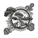 lebanese cedar tree with a nuraghe behind and some muslim and christian symbols in the back  tattoo design idea