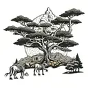 lebanese cedar tree with a nuraghe behind and some muslim and christian symbols in the back  tattoo design idea