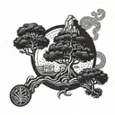 lebanese cedar tree with a nuraghe behind and some muslim and christian symbols in the back  tattoo design idea