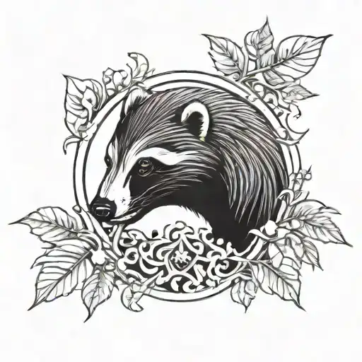 honey badger face in flames and leaves in a circular shape tattoo design idea