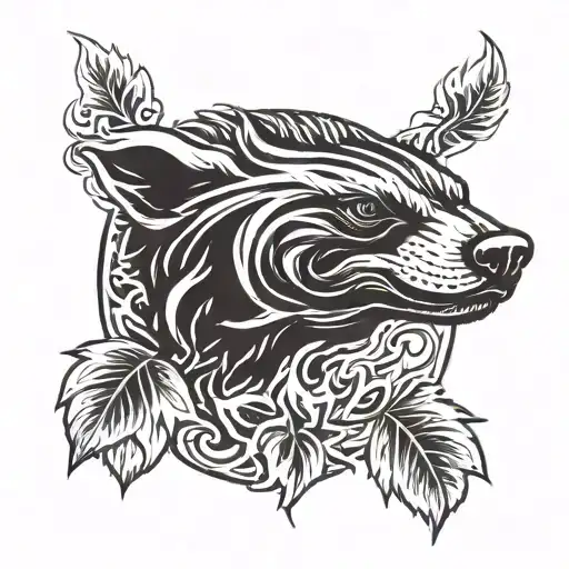 honey badger face with sharp teeth  in flames and leaves in a circular shape  tattoo design idea