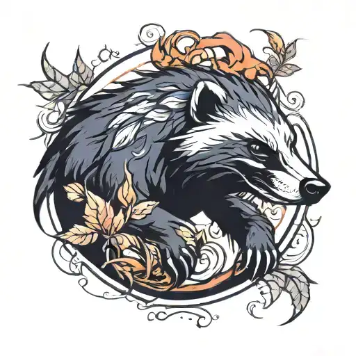honey badger in flames and leaves in a circular shape tattoo design idea