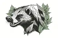 a honey badger face with sharp teeth in flames and leaves tattoo design idea