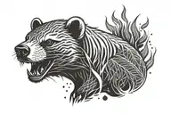a honey badger face with sharp teeth in flames and leaves tattoo design idea