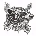 honey badger face with sharp teeth  in flames and leaves in a circular shape  tattoo design idea
