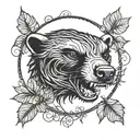 honey badger face with sharp teeth  in flames and leaves in a circular shape  tattoo design idea