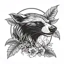 honey badger face with sharp teeth  in flames and leaves in a circular shape  tattoo design idea