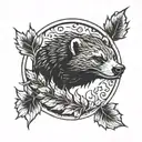 honey badger face with sharp teeth  in flames and leaves in a circular shape  tattoo design idea