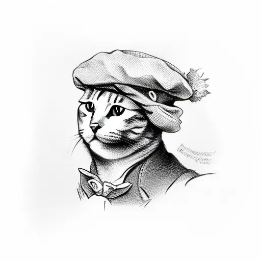 A cat wearing a beret holds a croissant in its paws tattoo design idea