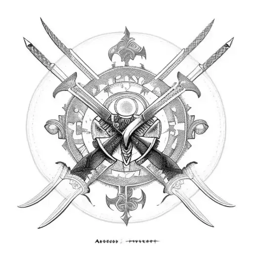 A tattoo design combining various weapons, such as swords and guns, arranged in a circular pattern, symbolizing the client's passion for both arms and rock music. tattoo design idea