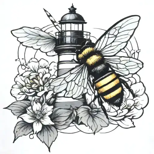lighthouse and bumblebee flying tattoo design idea