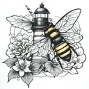lighthouse and bumblebee flying tattoo design idea